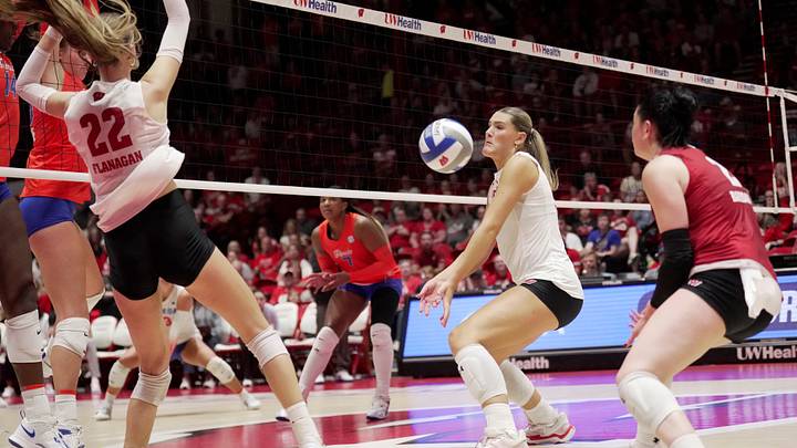 Wisconsin middle blocker Lynney Tarnow (20) hits the ball during their match against Florida Wednesday, Sept. 2, 2026 at the UW Field House in Madison, Wisconsin. Wisconsin beat Florida in five sets.