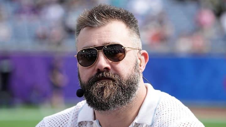 Feb 2, 2025; Orlando, FL, USA; Jason Kelce on the ESPN postseason countdown set during the 2025 Pro Bowl Games at Camping World Stadium.