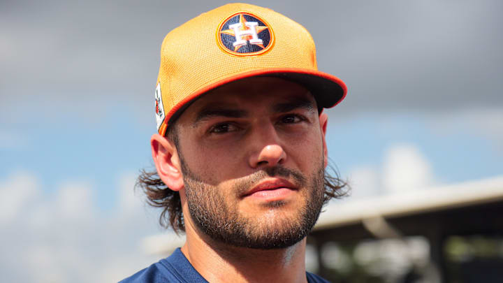 Feb 14, 2025; West Palm Beach, FL, USA; Houston Astros starting pitcher Lance McCullers Jr. (43) talks to reporters after a spring training workout at CACTI Park of the Palm Beaches