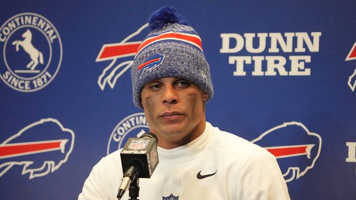 Jan 15, 2024; Orchard Park, New York, USA; Buffalo Bills safety Jordan Poyer (21) at a press conference after a 2024 AFC wild card game at Highmark Stadium. Jan 15, 2024; Orchard Park, New York, USA; Buffalo Bills safety Jordan Poyer (21) at a press conference after a 2024 AFC wild card game at Highmark Stadium.