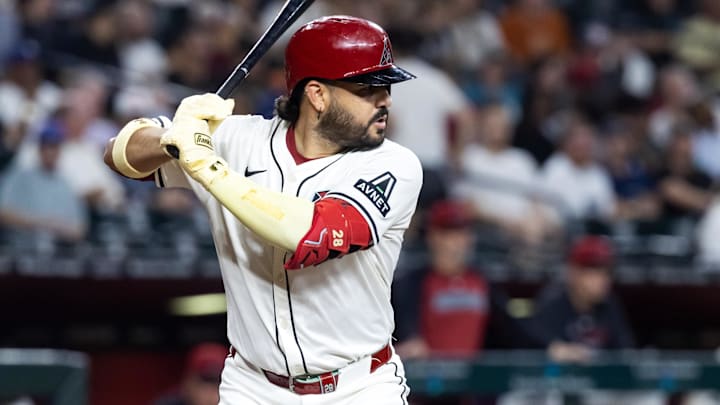 Jul 22, 2025; Phoenix, Arizona, USA; Arizona Diamondbacks designated hitter Eugenio Suarez against the Houston Astros at Chase Field. Mandatory Credit: Mark J. Rebilas-Imagn Images
Jul 22, 2025; Phoenix, Arizona, USA; Arizona Diamondbacks designated hitter Eugenio Suarez against the Houston Astros at Chase Field. Mandatory Credit: Mark J. Rebilas-Imagn Images