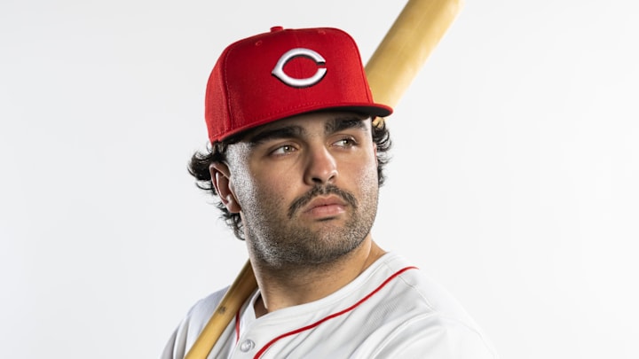 Feb 18, 2025; Goodyear, AZ, USA; Cincinnati Reds infielder Sal Stewart poses for a portrait during Media Day at the Cincinnati Reds Development Complex. Mandatory Credit: Mark J. Rebilas-Imagn Images