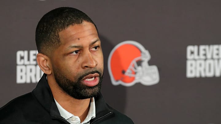 Cleveland Browns general manager Andrew Berry speaks about the hiring process during Todd Monken’s introductory press conference at the Cleveland Browns training facility, Feb. 3, 2026, in Berea, Ohio.