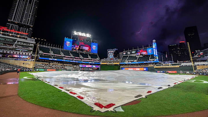 A general view of Target Field during a weather delay between the Atlanta Braves and Minnesota Twins at Target Field in Minneapolis on Aug. 26, 2024.