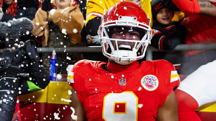 Jan 26, 2025; Kansas City, MO, USA; Kansas City Chiefs wide receiver JuJu Smith-Schuster (9) celebrates with fans after a touchdown against the Buffalo Bills during the first half in the AFC Championship game at GEHA Field at Arrowhead Stadium. Mandatory Credit: Mark J. Rebilas-Imagn Images