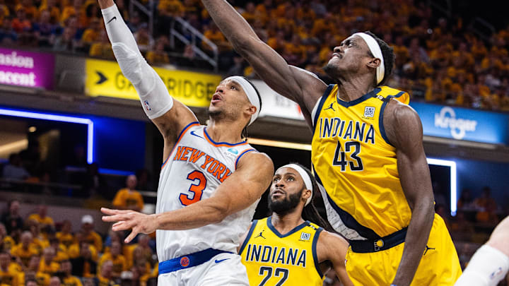 May 10, 2024; Indianapolis, Indiana, USA; New York Knicks guard Josh Hart (3) shoots the ball while May 10, 2024; Indianapolis, Indiana, USA; New York Knicks guard Josh Hart (3) shoots the ball while