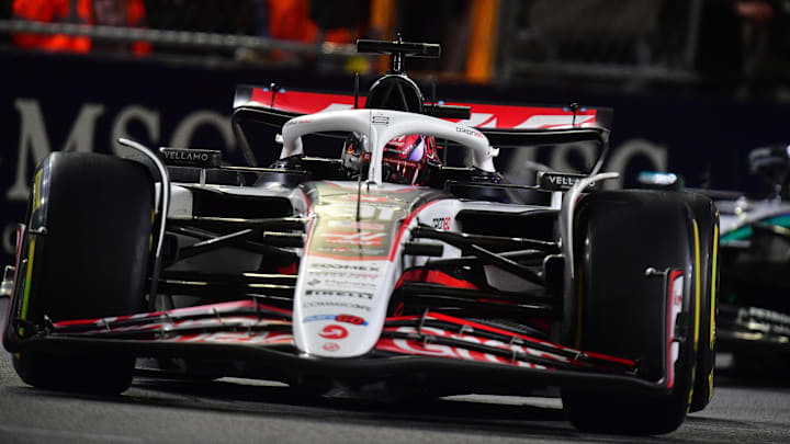 Nov 21, 2025; Las Vegas, NV, USA; Haas F1 Team driver Esteban Ocon (31) during the Las Vegas Grand Prix at Las Vegas Strip Circuit. Mandatory Credit: Gary A. Vasquez-Imagn Images