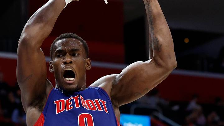 Feb 2, 2025; Detroit, Michigan, USA; Detroit Pistons center Jalen Duren (0) celebrates after he dunks in the second half against the Chicago Bulls at Little Caesars Arena. Mandatory Credit: Rick Osentoski-Imagn Images