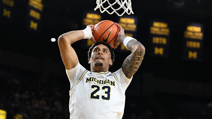 Nov 3, 2025; Ann Arbor, Michigan, USA; Michigan Wolverines forward Yaxel Lendeborg (23) dunks against the Oakland Golden Grizzlies in the first half at Crisler Center. Mandatory Credit: Lon Horwedel-Imagn Images Nov 3, 2025; Ann Arbor, Michigan, USA; Michigan Wolverines forward Yaxel Lendeborg (23) dunks against the Oakland Golden Grizzlies in the first half at Crisler Center. Mandatory Credit: Lon Horwedel-Imagn Images