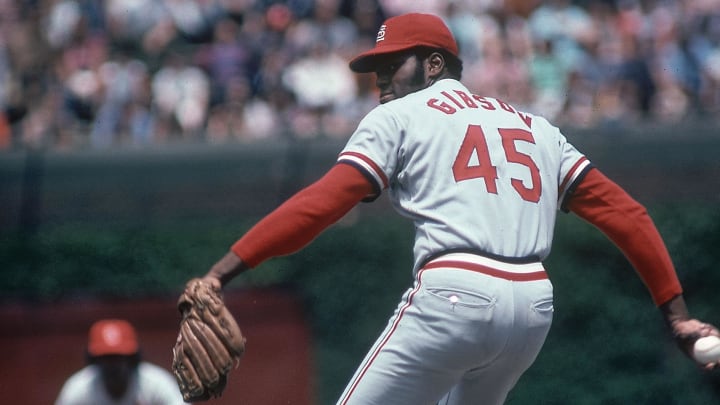 1974; Unknown location, USA; FILE PHOTO; St. Louis Cardinals pitcher Bob Gibson in action on the mound during the 1974 season. Mandatory Credit: Malcolm Emmons-USA TODAY NETWORK 1974; Unknown location, USA; FILE PHOTO; St. Louis Cardinals pitcher Bob Gibson in action on the mound during the 1974 season. Mandatory Credit: Malcolm Emmons-USA TODAY NETWORK
