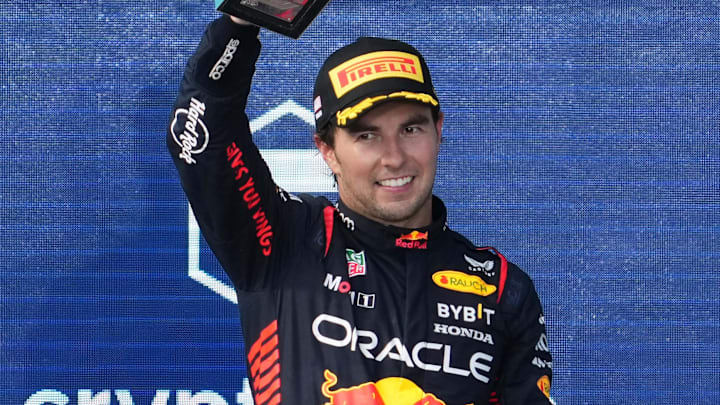 May 7, 2023; Miami Gardens, Florida, USA; Red Bull driver Sergio Perez (11) of Mexico celebrates on May 7, 2023; Miami Gardens, Florida, USA; Red Bull driver Sergio Perez (11) of Mexico celebrates on