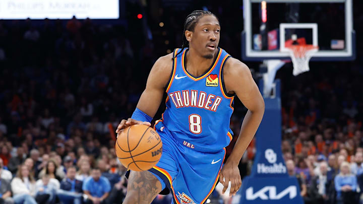 Jan 23, 2025; Oklahoma City, Oklahoma, USA; Oklahoma City Thunder forward Jalen Williams (8) dribbles the ball down the court against the Dallas Mavericks during the second half at Paycom Center. Mandatory Credit: Alonzo Adams-Imagn Images