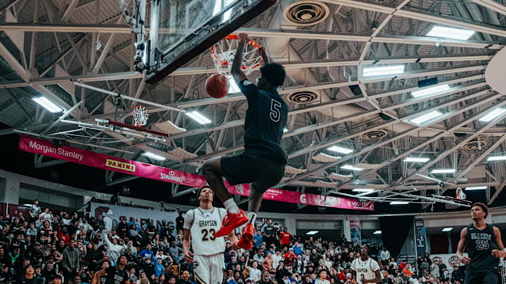 Sierra Canyon’s Bryce James (5) gets a dunk against Grayson (GA) at the 2025 Hoophall Classic in Springfield, Mass.