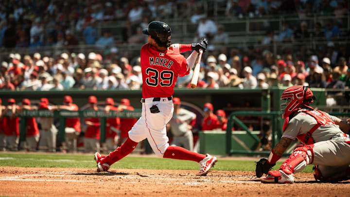 Marcelo Mayer takes a swing during a Red Sox spring training game on March 11, 2025, at JetBlue Park in Fort Myers, Florida. Marcelo Mayer takes a swing during a Red Sox spring training game on March 11, 2025, at JetBlue Park in Fort Myers, Florida.