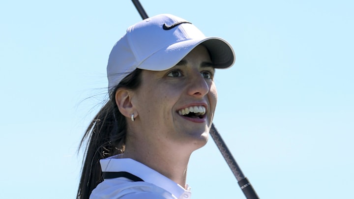 Nov. 12, 2025; Belleair, Florida, USA; Indiana Fever guard Caitlin Clark (22) plays in the Annika Pro-Am golf tournament at Pelican Golf Club.