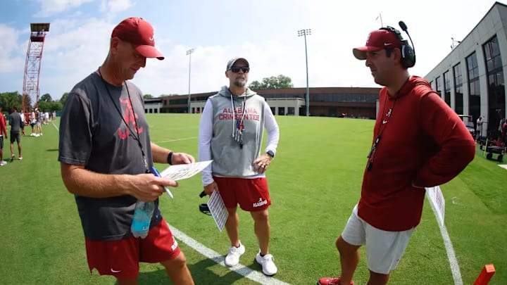 Alabama Football Head Coach Kalen DeBoer, Alabama Football Offensive Coordinator Ryan Grubb, and Alabama Football Assistant Coach (Offensive Coordinator/Quarterbacks) Nick Sheridan during practice at Thomas-Drew Practice Fields in Tuscaloosa, AL on Wednesday, Jul 30, 2025. Alabama Football Head Coach Kalen DeBoer, Alabama Football Offensive Coordinator Ryan Grubb, and Alabama Football Assistant Coach (Offensive Coordinator/Quarterbacks) Nick Sheridan during practice at Thomas-Drew Practice Fields in Tuscaloosa, AL on Wednesday, Jul 30, 2025.