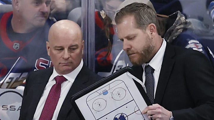Apr 7, 2025; Winnipeg, Manitoba, CAN; St. Louis Blues head coach Jim Montgomery talks with St. Louis Blues assistant coach Steve Ott during a time out against the Winnipeg Jets in the third period at Canada Life Centre. Mandatory Credit: James Carey Lauder-Imagn Images Apr 7, 2025; Winnipeg, Manitoba, CAN; St. Louis Blues head coach Jim Montgomery talks with St. Louis Blues assistant coach Steve Ott during a time out against the Winnipeg Jets in the third period at Canada Life Centre. Mandatory Credit: James Carey Lauder-Imagn Images