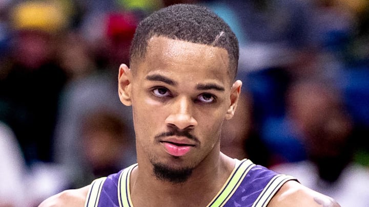Dejounte Murray #5 of the New Orleans Pelicans looks on against the Toronto Raptors.