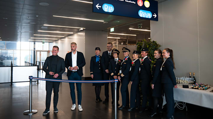 Icelandair representatives and flight crew officially open nonstop flights from Pittsburgh to Reykjavik. Photo courtesy Icelandair