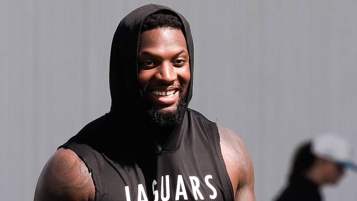 Jacksonville Jaguars Defensive End Josh Hines-Allen (41) has a laugh after the Jacksonville Jaguars seventh day of NFL Training Camp at the Miller Electric Center in Jacksonville, Fla., Thursday August 6, 2026.    [Doug Engle/Florida Times-Union]
