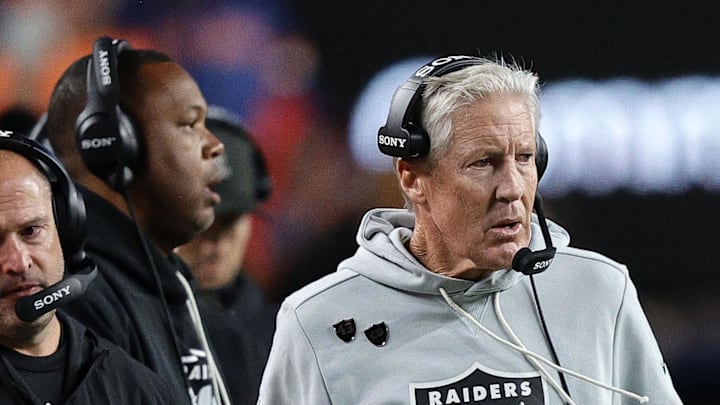 Nov 6, 2025; Denver, Colorado, USA; Las Vegas Raiders head coach Pete Carroll during the first half at Empower Field at Mile High. Mandatory Credit: Isaiah J. Downing-Imagn Images