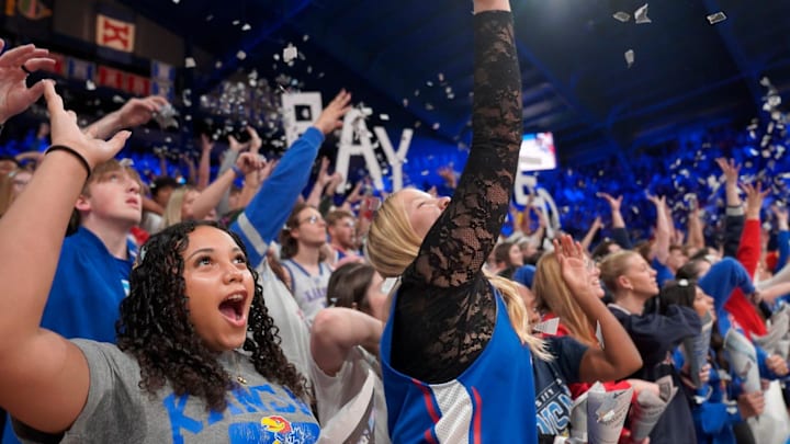 Kansas Jayhawks fans yell out before the first half of the exhibition game against Fort Hays State Tigers inside Allen Fieldhouse on Tuesday, October, 28, 2025.