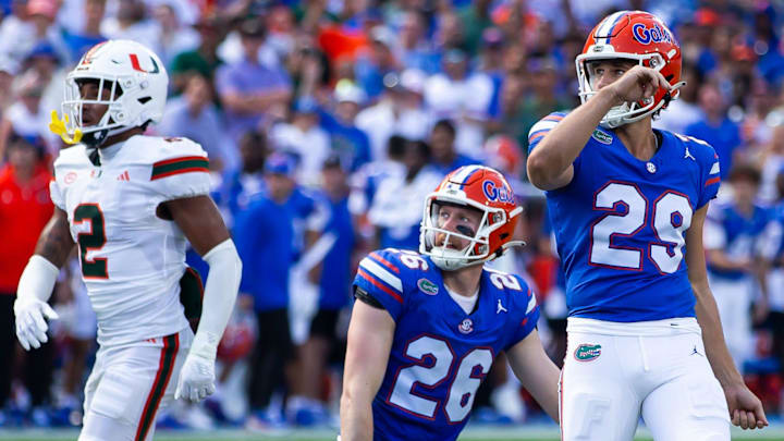Florida Gators place kicker Trey Smack (29) watches his field goal go through the uprights during the season opener at Ben Hill Griffin Stadium in Gainesville, FL on Saturday, August 31, 2024 against the University of Miami Hurricanes in the first half. [Doug Engle/Gainesville Sun]