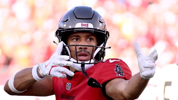 Tampa Bay Buccaneers wide receiver Jalen McMillan (15) celebrates after catching a pass in the second half against the New Orleans Saints Tampa Bay Buccaneers wide receiver Jalen McMillan (15) celebrates after catching a pass in the second half against the New Orleans Saints