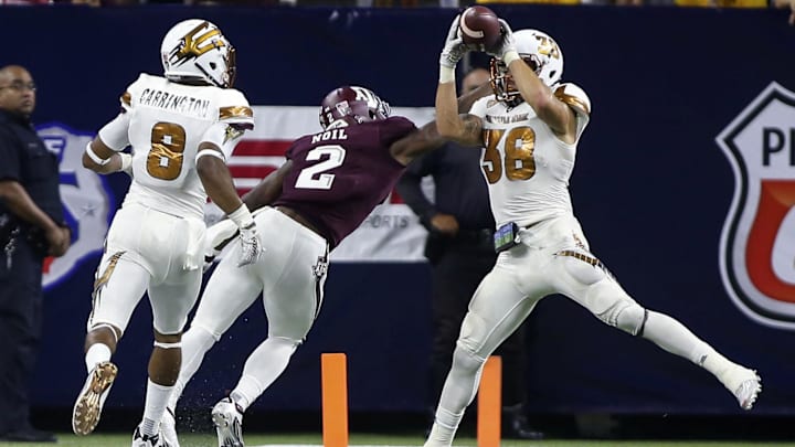 Sep 5, 2015; Houston, TX, USA; Arizona State Sun Devils defensive back Jordan Simone (38) makes an interception during the third quarter against the Texas A&M Aggies at NRG Stadium. The Aggies defeated the Sun Devils 38-17. Mandatory Credit: Troy Taormina-Imagn Images