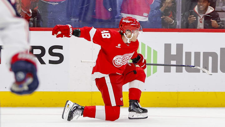 Detroit Red Wings right wing Patrick Kane (88) celebrates his overtime winner.