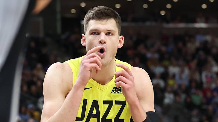 Feb 28, 2023; Salt Lake City, Utah, USA; Utah Jazz center Walker Kessler (24) reacts to play with the San Antonio Spurs in the second half at Vivint Arena. Mandatory Credit: Rob Gray-Imagn Images