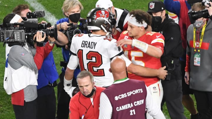 Feb 7, 2021; Tampa, FL, USA; Tampa Bay Buccaneers quarterback Tom Brady (12) greets Kansas City Chiefs quarterback Patrick Mahomes (15) after Super Bowl LV at Raymond James Stadium. Mandatory Credit: James Lang-USA TODAY Sports Feb 7, 2021; Tampa, FL, USA; Tampa Bay Buccaneers quarterback Tom Brady (12) greets Kansas City Chiefs quarterback Patrick Mahomes (15) after Super Bowl LV at Raymond James Stadium. Mandatory Credit: James Lang-USA TODAY Sports