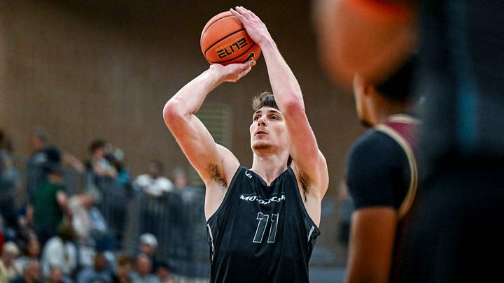Michigan State and Team Motorcars’ Anton Bonke shoots a free throw against Team Faygo during the Moneyball Pro-Am on Tuesday, June 23, 2026, at Holt High School.