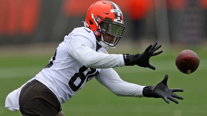 Cleveland Browns tight end David Njoku catches a pass during NFL football training camp, Thursday, July 29, 2021, in Berea, Ohio.
