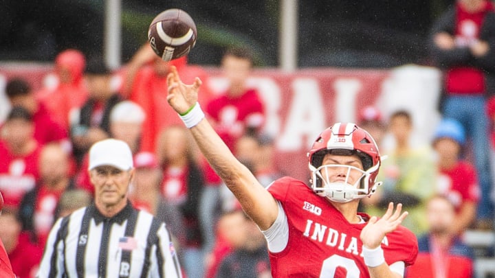 Indiana's Kurtis Rourke (9) passes during the Indiana versus Maryland football game at Memorial Stadium on Saturday, Sept. 28, 2024.