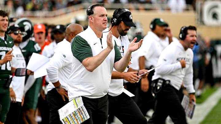 Michigan State head coach Pat Fitzgerald celebrates and claps during the third quarter against Eastern Michigan on Saturday, Sept. 12, 2026, at Spartan Stadium in East Lansing. Michigan State head coach Pat Fitzgerald celebrates and claps during the third quarter against Eastern Michigan on Saturday, Sept. 12, 2026, at Spartan Stadium in East Lansing.
