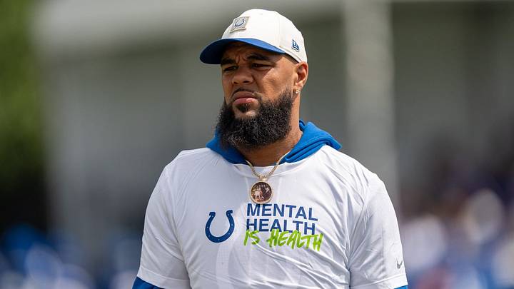 Indianapolis Colts wide receiver Keenan Allen watches from the sidelines at a joint practice with the Atlanta Falcons on Aug. 19.