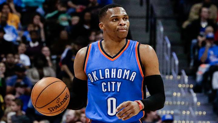 Nov 25, 2016; Denver, CO, USA; Oklahoma City Thunder guard Russell Westbrook (0) controls the ball in the third quarter against the Denver Nuggets at the Pepsi Center. Nov 25, 2016; Denver, CO, USA; Oklahoma City Thunder guard Russell Westbrook (0) controls the ball in the third quarter against the Denver Nuggets at the Pepsi Center.