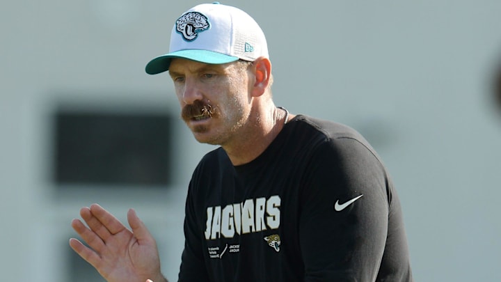 Jaguars defensive coordinator Ryan Nielsen claps for his players during the fourth day of the NFL football training camp practice session Saturday, July 27, 2024 at EverBank Stadium's Miller Electric Center in Jacksonville, Fla. [Bob Self/Florida Times-Union]