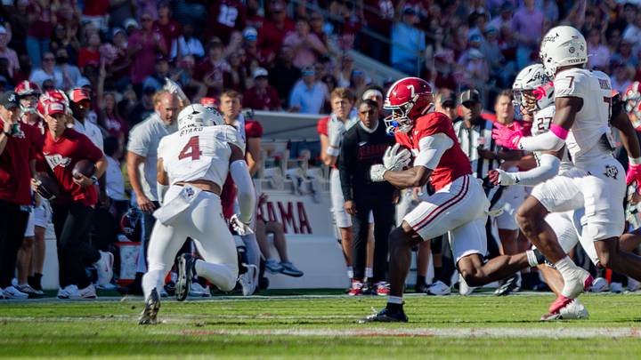 Alabama wide receiver Rico Scott runs through defenders in the first half of the game against Texas A&M on Oct. 24, 2026. Alabama wide receiver Rico Scott runs through defenders in the first half of the game against Texas A&M on Oct. 24, 2026.