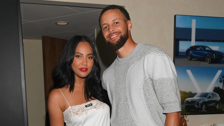 Ayesha Curry and husband Stephen Curry of the Golden State Warriors pose at the 2025 US Open in Flushing Meadows, New York.