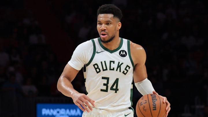 Mar 12, 2026; Miami, Florida, USA; Milwaukee Bucks forward Giannis Antetokounmpo (34) dribbles the basketball against the Miami Heat during the second quarter at Kaseya Center. Mandatory Credit: Sam Navarro-Imagn Images Mar 12, 2026; Miami, Florida, USA; Milwaukee Bucks forward Giannis Antetokounmpo (34) dribbles the basketball against the Miami Heat during the second quarter at Kaseya Center. Mandatory Credit: Sam Navarro-Imagn Images