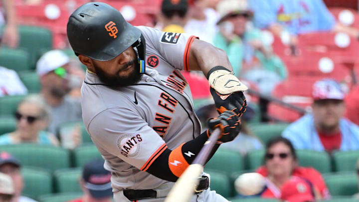 Jun 22, 2024; St. Louis, Missouri, USA;  San Francisco Giants outfielder Heliot Ramos (17) at bat against the St. Louis Cardinals at Busch Stadium. 