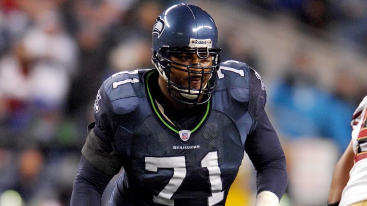 Nov 12, 2007; Seattle, WA, USA; Seattle Seahawks offensive tackle Walter Jones during 24-0 victory over San Francisco 49ers at Qwest Field. Mandatory Credit: Kirby Lee/Image of Sport-USA TODAY Sports Nov 12, 2007; Seattle, WA, USA; Seattle Seahawks offensive tackle Walter Jones during 24-0 victory over San Francisco 49ers at Qwest Field. Mandatory Credit: Kirby Lee/Image of Sport-USA TODAY Sports
