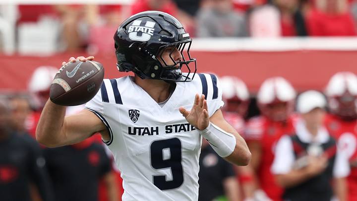 Sep 19, 2026; Salt Lake City, Utah, USA; Utah State Aggies quarterback Grady Brosterhous (9). Sep 19, 2026; Salt Lake City, Utah, USA; Utah State Aggies quarterback Grady Brosterhous (9).
