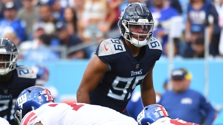 Sep 11, 2022; Nashville, Tennessee, USA; Tennessee Titans linebacker Rashad Weaver (99) waits for the snap against the New York Giants at Nissan Stadium.