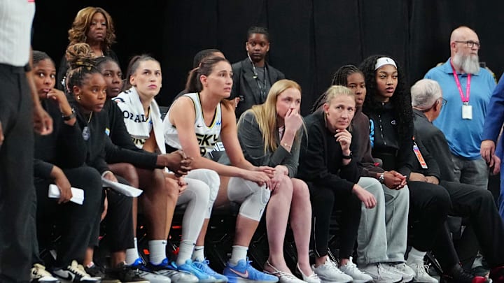 Sep 9, 2025; Las Vegas, Nevada, USA; Chicago Sky forward Angel Reese (5) sits at the end of the Chicago Sky bench near the end of the fourth quarter against the Las Vegas Aces at T-Mobile Arena. Mandatory Credit: Stephen R. Sylvanie-Imagn Images