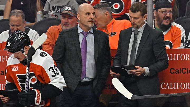 Apr 14, 2026; Philadelphia, Pennsylvania, USA; Philadelphia Flyers head coach Rick Tocchet and assistant coach Jaroslav Svejkovsky against the Montréal Canadiens during the second period at Xfinity Mobile Arena. Mandatory Credit: Eric Hartline-Imagn Images Apr 14, 2026; Philadelphia, Pennsylvania, USA; Philadelphia Flyers head coach Rick Tocchet and assistant coach Jaroslav Svejkovsky against the Montréal Canadiens during the second period at Xfinity Mobile Arena. Mandatory Credit: Eric Hartline-Imagn Images