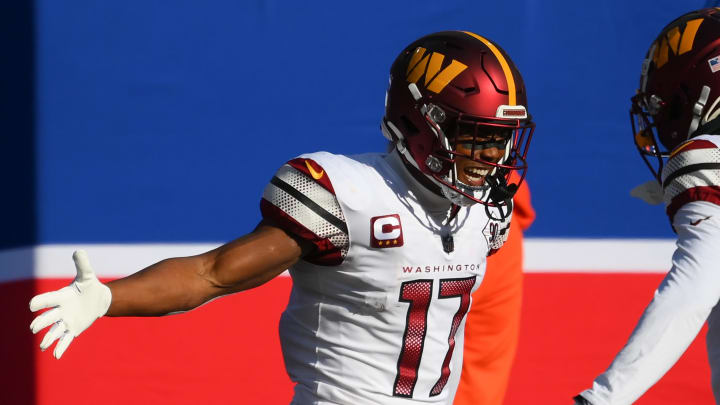 Dec 4, 2022; East Rutherford, New Jersey, USA; Washington Commanders wide receiver Terry McLaurin (17) celebrates his touchdown with wide receiver Jahan Dotson (1) against the New York Giants during the first half at MetLife Stadium. Mandatory Credit: Rich Barnes-USA TODAY Sports