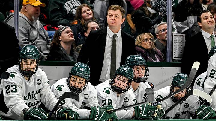 Michigan State's head coach Adam Nightingale looks on against Minnesota during the third period on Friday, Jan. 23, 2026, at Munn Ice Arena in East Lansing.